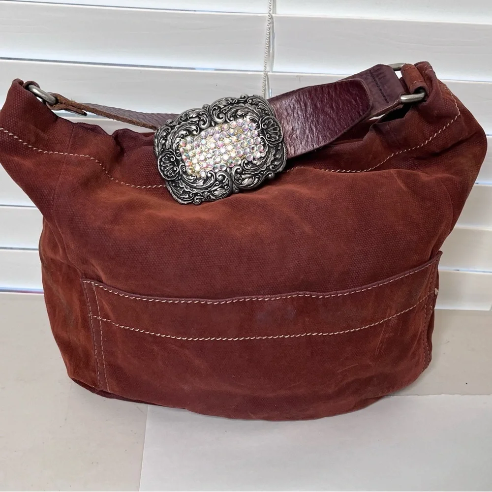 Fossil Rhinestone Buckle Leather Strap Brown Boho Canvas Hobo Bag